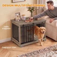 PawHut Cage pour Chien en Bois et Acier avec Porte Coulissante, Table d'Appoint, Niche Moderne, 100x60x68cm, Gris-Marron Clair(m-7)