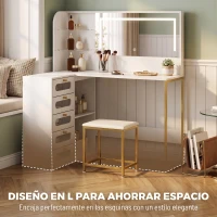 HOMCOM Tocador de Maquillaje con Espejo Luces LED Taburete 5 Cajones 2 Compartimentos y 2 Estantes de Cristal Blanco(m-18)
