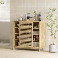HOMCOM Armario de Baño de Bambú con 2 Puertas Correderas Diseño de Lamas 4 Estantes Mueble Auxiliar de Baño 80x34x80 cm Natural(m-10)