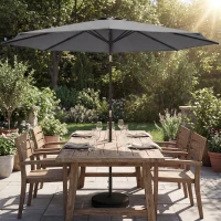 Outsunny 2.7 m Garden Parasol Umbrella with Cross Base and Sandbag, Retractable Ribs, Outdoor Table Market Umbrella, Light Grey(m-10)