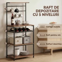 HOMCOM Etajeră Autoportantă, Etajeră Industrială cu 6 Cârlige și Suport pentru Sticle, Nuc(m-4)