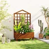 Outsunny Garden Planters with Trellis for Vine Climbing, Distressed Wooden Raised Beds, 90x43x150cm, Brown(m-2)