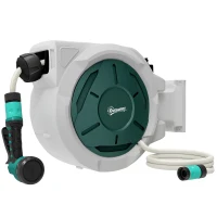Outsunny Retractable Hose Reel Wall Mounted, 30+2m Garden Hose Pipe Reel with Lock, Auto Rewind, 7 in 1 Spray Nozzle, Includes Wall Fixings, 180° Swivel, Outdoor Watering, 59 x 23 x 42 cm, Grey(m-1)