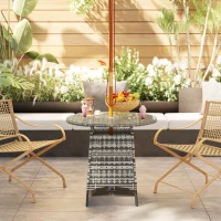 Outsunny Wicker Garden Rattan Table, Patio Furniture Outdoor Coffee Table with Umbrella Hole and Tempered Glass Top, Grey(m-10)