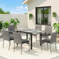 Outsunny 7 Piece Rattan Garden Furniture Set, 6 Seater Garden Table and 6 Stackable Chairs with Extendable Acacia Wood Tabletop(m-14)