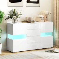 HOMCOM Credenza Moderna con LED Regolabile con Telecomando, 4 Cassetti e 2 Armadietti, 120x34x70 cm, Bianco(m-2)