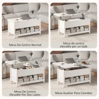 HOMCOM Mesa de Centro Elevable y Extensible con Compartimentos Ocultos Estante Abierto 100x90x62 cm Blanco(m-4)