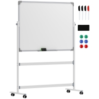 HOMCOM Dubbelzijdig Magnetisch Whiteboard met Standaard 120 x 90 cm – Droog uitwisbare Magnetische Bord met Pennenbakje en Aluminium Frame, Draaibaar en Verrijdbaar voor Kantoor en Thuis