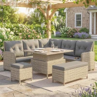 Outsunny 7 Seater Rattan Garden Furniture Set, 6 Piece Patio Dining Set with Liftable Coffee Table and Soft Padded Cushion, Wicker Sectional Conversation Corner Sofa, 123 x 55 x 84 cm, Light Grey(m-7)