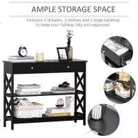 HOMCOM Console Table Side Desk w/ Shelves Drawers Open Top X Support Frame Living Room Hallway Home Office Furniture Black(m-4)