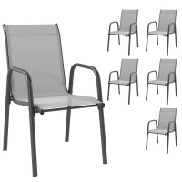 Outsunny Juego de 6 Sillas de Jardín Exterior Apilables con Reposabrazos Asiento y Respaldo de Malla Estructura de Metal Gris(m-1)