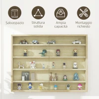 HOMCOM Bacheca Portaoggetti a 5 Ripiani Regolabili in Legno con Ante in Vetro, 80x9.5x60 cm, Color Legno(m-6)