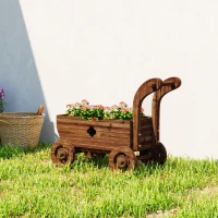 Outsunny Carretilla de Madera Decorativa Jardinera Elevada con 4 Ruedas Asa Orificios de Drenaje 68x38x52 cm Carbonizado(m-10)