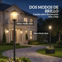 Outsunny Farola Solar Exterior de Jardín con Macetero 2 Modos de Brillo 100/50 lm IP44 Encendido/Apagado Automático Negro(m-7)