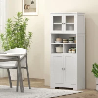 HOMCOM Bufet de bucătărie cu 2 dulapuri și 3 spații deschise, uși din sticlă și rafturi reglabile, 60x30x145,5 cm, alb(m-10)