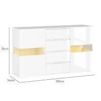 HOMCOM Bufet Modern cu LED Reglabil cu Telecomandă, 4 Sertare și 2 Dulapuri, 120x34x70 cm, Alb(m-3)