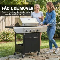 Outsunny Barbacoa de Gas con 4 Quemadores 12,8 kW Termómetro Parrillas de Hierro Fundido Mesas Laterales Armario y Ruedas Negro(m-8)