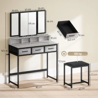 HOMCOM Tocador de Maquillaje con Espejo Tríptico Desmontable Taburete 3 Cajones de Tela Soporte para Secador de Pelo Gris(m-3)