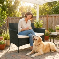Outsunny Divano da Giardino a 2 Posti con Cuscino e Braccioli in Rattan PE e Acciaio, 107x55x80cm, Nero(m-2)