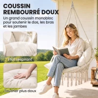 Outsunny Chaise suspendue avec grand coussin rembourré hamac fauteuil suspendu à franges kit de suspension 80 x 60 x 40 cm crème(m-4)