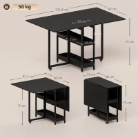 HOMCOM Masă Pliabilă cu Roți, Extensii Laterale Rabatabile și Compartimente Deschise, Negru(m-3)