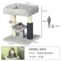 PawHut Albero Tiragraffi con Lettino, Piattaforma, Spazzola e Palo in Sisal, 40x40x48 cm, Grigio(m-3)