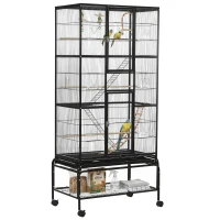 PawHut Jaula para Pájaros con Ruedas 83x53x180 cm Pajarera Metálica de 3 Niveles con 3 Perchas Comederos Juguetes Rampas Negro(m-1)