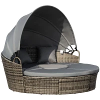 Outsunny Outdoor PE Rattan Garden Furniture with Cushioned, Patio Wicker Conversation Furniture Set, Round Daybed with Retractable Canopy, Coffee Table and Three Pillows, Dark Grey/Grey(m-10)