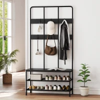 HOMCOM Appendiabiti da Ingresso 3 in 1 con 6 Ganci e Panca con Scarpiera, 91x36x180 cm, Nero(m-9)