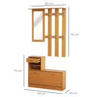 HOMCOM Recibidor de Entrada con Espejo Perchero y Zapatero Mueble de Recibidor de 2 Piezas con 6 Ganchos Estantes y Cajón Abatible para Pasillo Madera Marrón(m-3)
