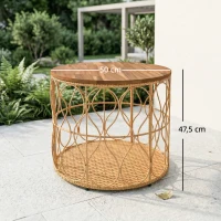Outsunny Bijzettafel Ø50 cm weerbestendig Tuintafel met rotanlook Acaciahouten tafelblad verstelbare voetjes Teak(m-3)