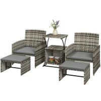 Outsunny 6 Piece Rattan Garden Furniture, Space-Saving Patio Furniture Set with Nesting Tables, Chairs, Stools, Cushions, Grey(m-11)