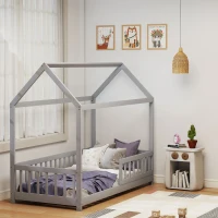 HOMCOM House-Shaped Kids Bed Frame with Guard Rails, Solid Pine Wood Single Bed Frame for Kids Boys and Girls, Grey(m-10)