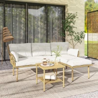 Outsunny Salon de jardin d'angle 4 pers. 3 pièces avec 1 table basse coussins grand confort inclus résine tressée crème(m-2)