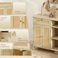 HOMCOM Buffet, meuble de rangement, 2 portes en rotin, tiroir, niches ouvertes, étagères réglables, 75x30x79,5cm, bois naturel(m-6)
