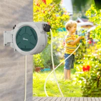 Outsunny Retractable Hose Reel Wall Mounted, 30+2m Garden Hose Pipe Reel with Lock, Auto Rewind, 7 in 1 Spray Nozzle, Includes Wall Fixings, 180° Swivel, Outdoor Watering, 59 x 23 x 42 cm, Grey(m-10)