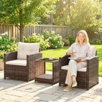 Outsunny Rattan Bistro Set, 3 Piece Garden Furniture Set with 2 Tier Glass Top Table and Cushions, Mixed Brown(m-10)