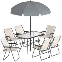Outsunny 8 Piece Garden Dining Set with Umbrella Garden Furniture Set with 6 Folding Chairs, Tempered Glass Table for Patio Cream(m-1)