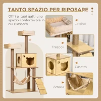 PawHut Albero Tiragraffi per Gatti con Casetta, 2 Lettini, Amaca e Pallina, in Legno, Poliestere e Sisal, 60x40x130 cm(m-4)