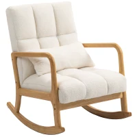 HOMCOM Fotoliu Balansoar 90°-130° cu Pernă Lombară, Acoperit cu Material Textil Sherpa, 64.5x82x89 cm, Alb și Lemn Natur(m-11)