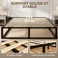 HOMCOM Cadre de Lit 140 x 190 cm avec Sommier, Lit Double avec Pochette de Rangement, Support à Lattes en Bois, Noir(m-5)