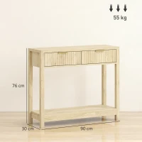 HOMCOM Console meuble 90 cm, table console étroite avec 2 tiroirs rainurés et étagère, style moderne, bois naturel(m-3)
