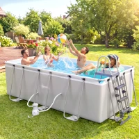 Outsunny Rectangle Steel Frame Swimming Pool with Ladder and Pump - Grey(m-14)