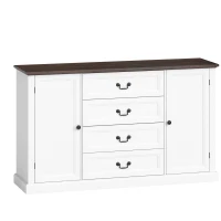 HOMCOM Credență de Bucătărie, Mobilier de Bucătărie cu 4 Sertare Soft Close, Blat Gros, Bufet cu Rafturi Reglabile, Stil Rustic, pentru Sufragerie, Sala de Mese, 147x40x87 cm, Alb(m-1)