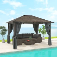 Outsunny 3 x 3.6m Hardtop Gazebo Canopy with Polycarbonate Roof Garden Pavilion with Removable Curtains and Steel Frame, Dark Grey(m-3)