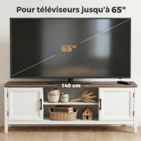 HOMCOM Meuble TV 140 cm, meuble télé pour téléviseur jusqu'à 65 pouces avec 2 portes, 2 compartiments ouverts, blanc et marron(m-7)