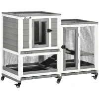 PawHut Jaula para Conejos 2 Niveles de Madera con 6 Ruedas 2 Escaleras 3 Bandejas Extraíbles y Zona Abierta 110x50x86 cm Gris(m-1)