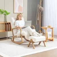 HOMCOM Schommelstoel met Kruk, Zachte Bekleding, Linnenlook, Houten Frame, Crèmewit(m-2)