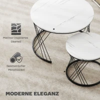 HOMCOM Set van 2 Salontafels, Marmerlook, Spaanplaat, Metaal, Ronde Koffietafels voor Woonkamer, In elkaar te plaatsen, Wit(m-5)