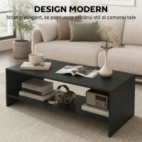 HOMCOM Măsuță de Cafea Modernă cu 2 Niveluri, Raft Deschis, PAL, Picioare, 100x40x41,5 cm, Negru(m-4)
